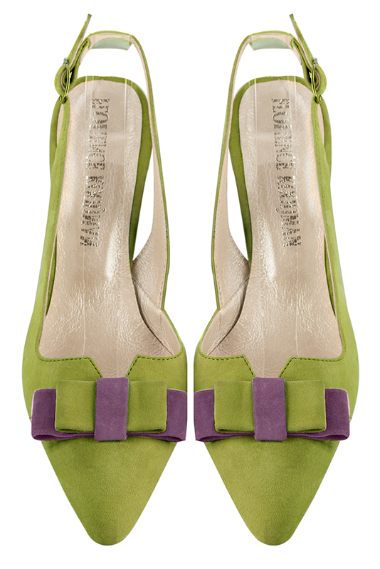 Pistachio green women's open back shoes, with a knot. Tapered toe. Medium comma heels. Top view - Florence KOOIJMAN